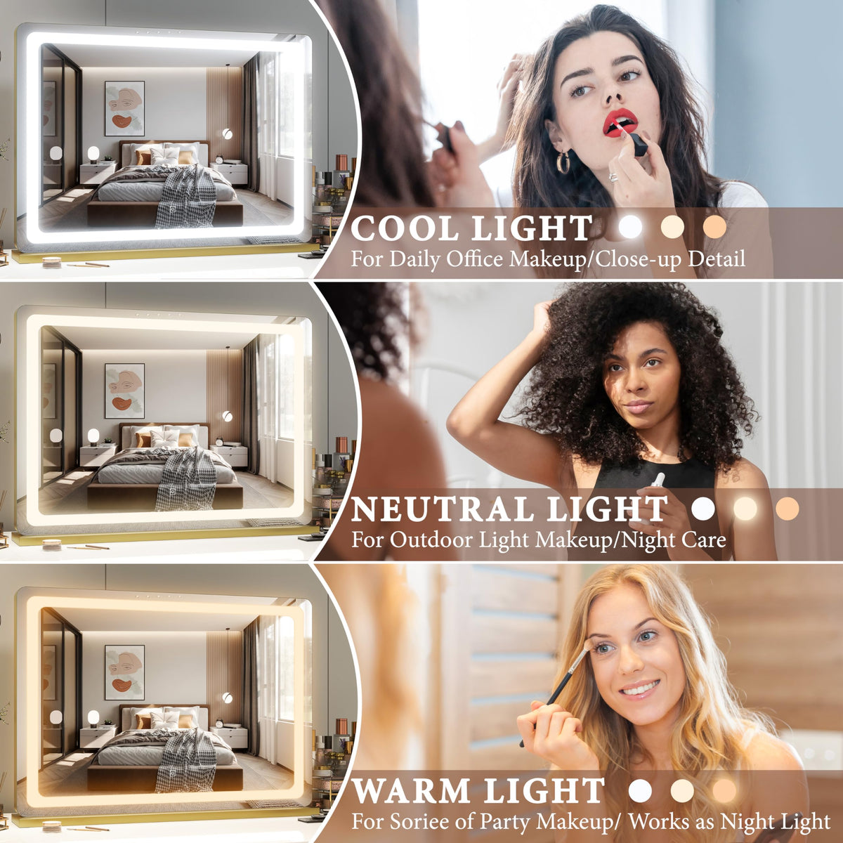 FENNIO vanity mirror 32x22 LED lighting modes enable accurate color matching