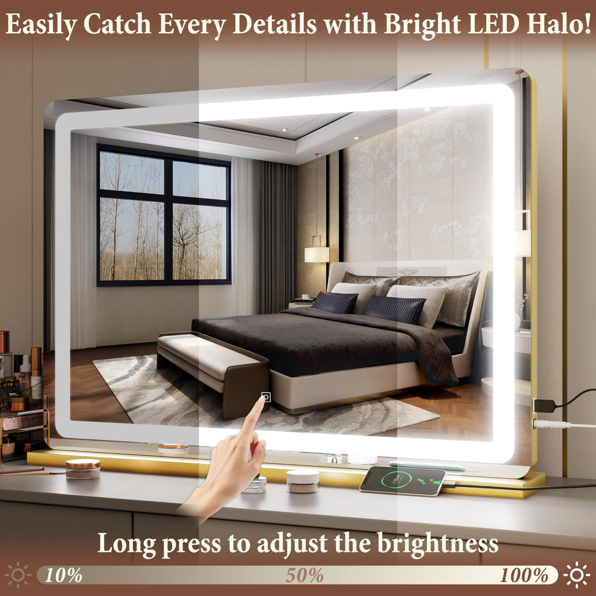 FENNIO vanity mirror touch panel closeup with easy one touch control