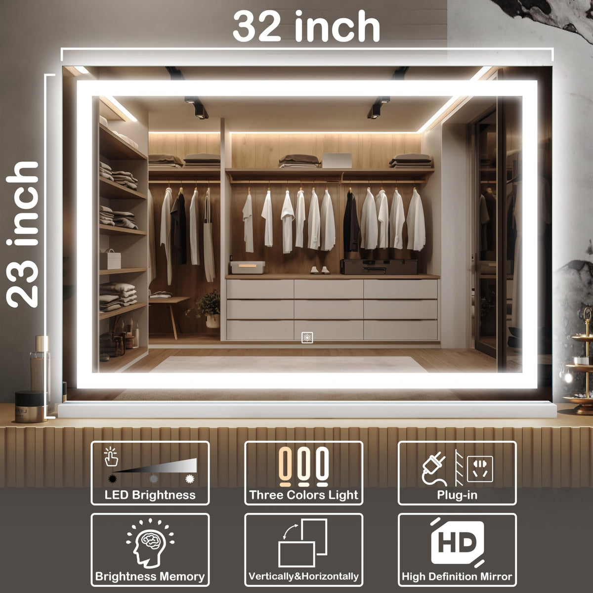 FENNIO vanity mirror compatible with wall mounting or tabletop use for versatile vanity arrangement.