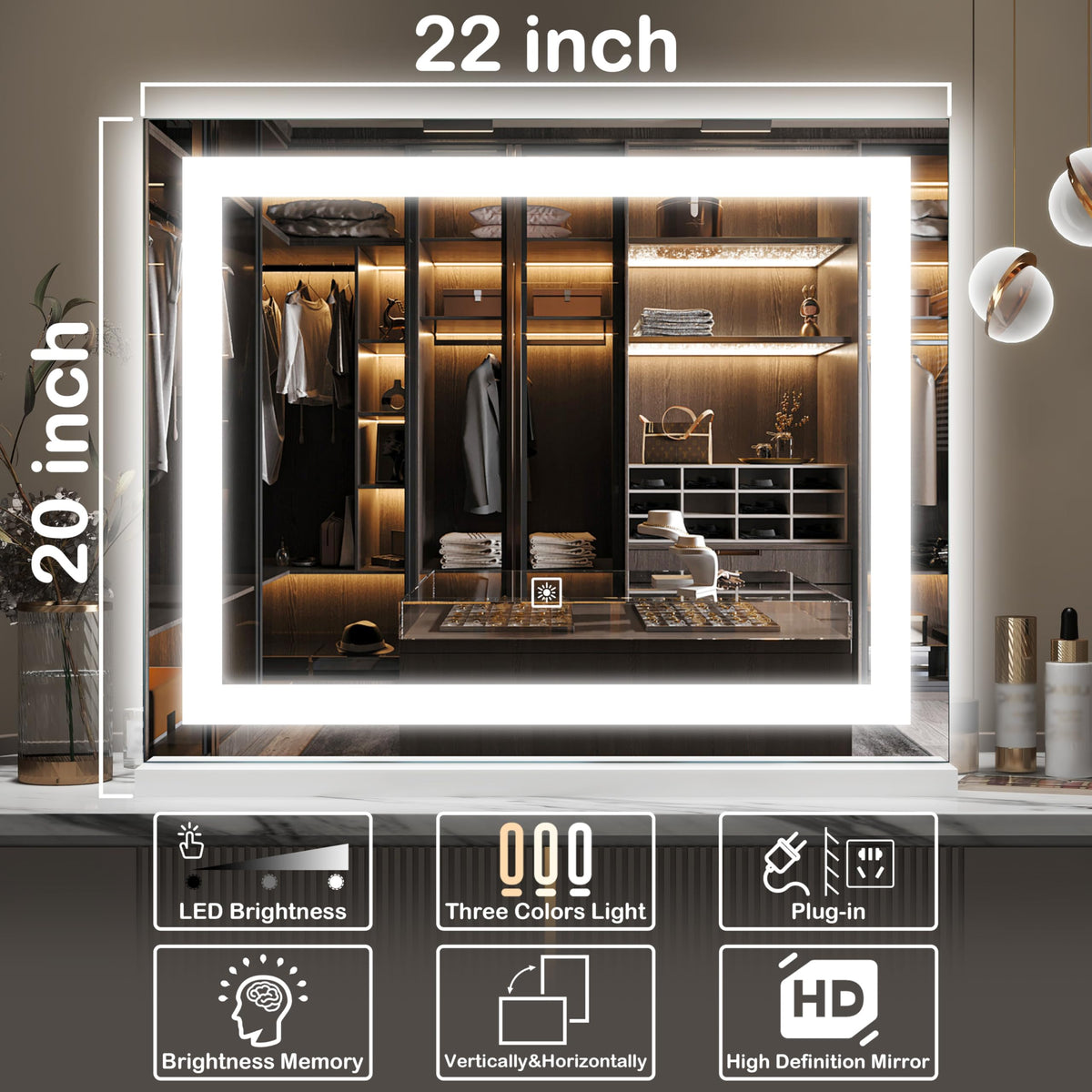 FENNIO vanity mirror supports wall mounting or tabletop use for flexible setup.