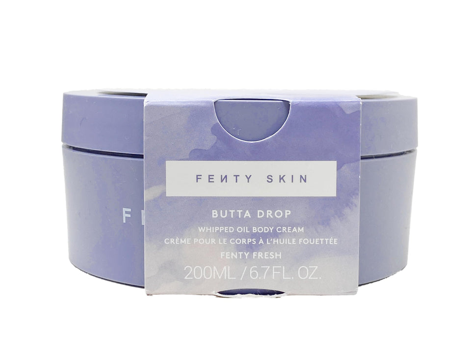 Fenty Beauty Butta Drop packaging with Fenty Fresh scent, refillable hydration.