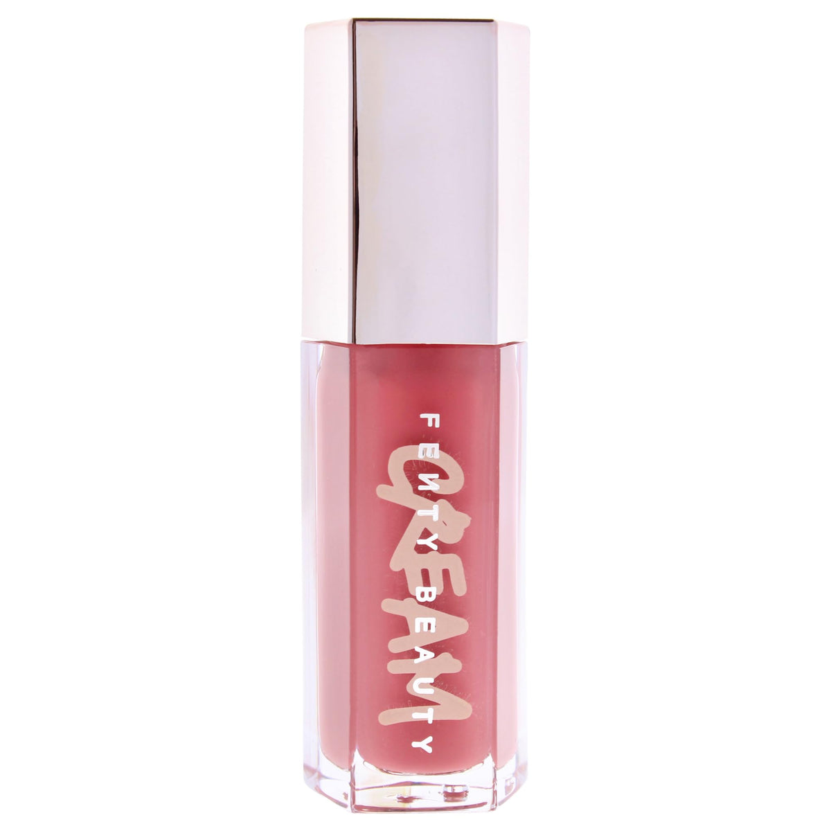 Fenty Beauty Gloss Bomb Color Drip 02 bottle closeup shows smooth, moisturizing shine.