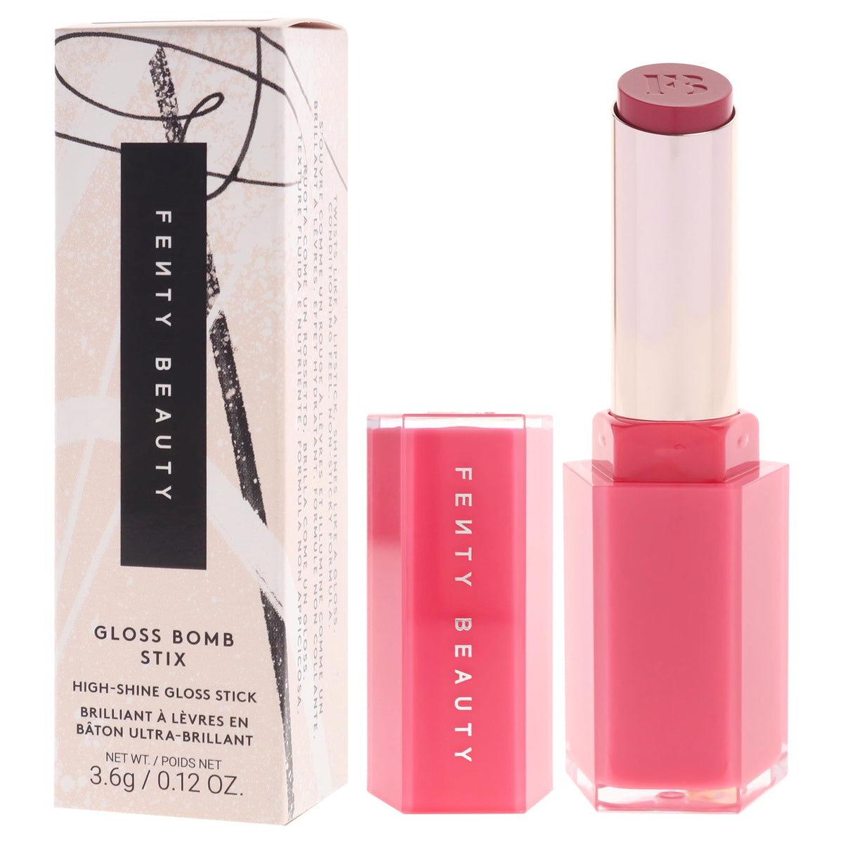 Fenty Beauty Gloss Bomb Stix High Biscus packaging highlights compact 0.12 oz size for kits