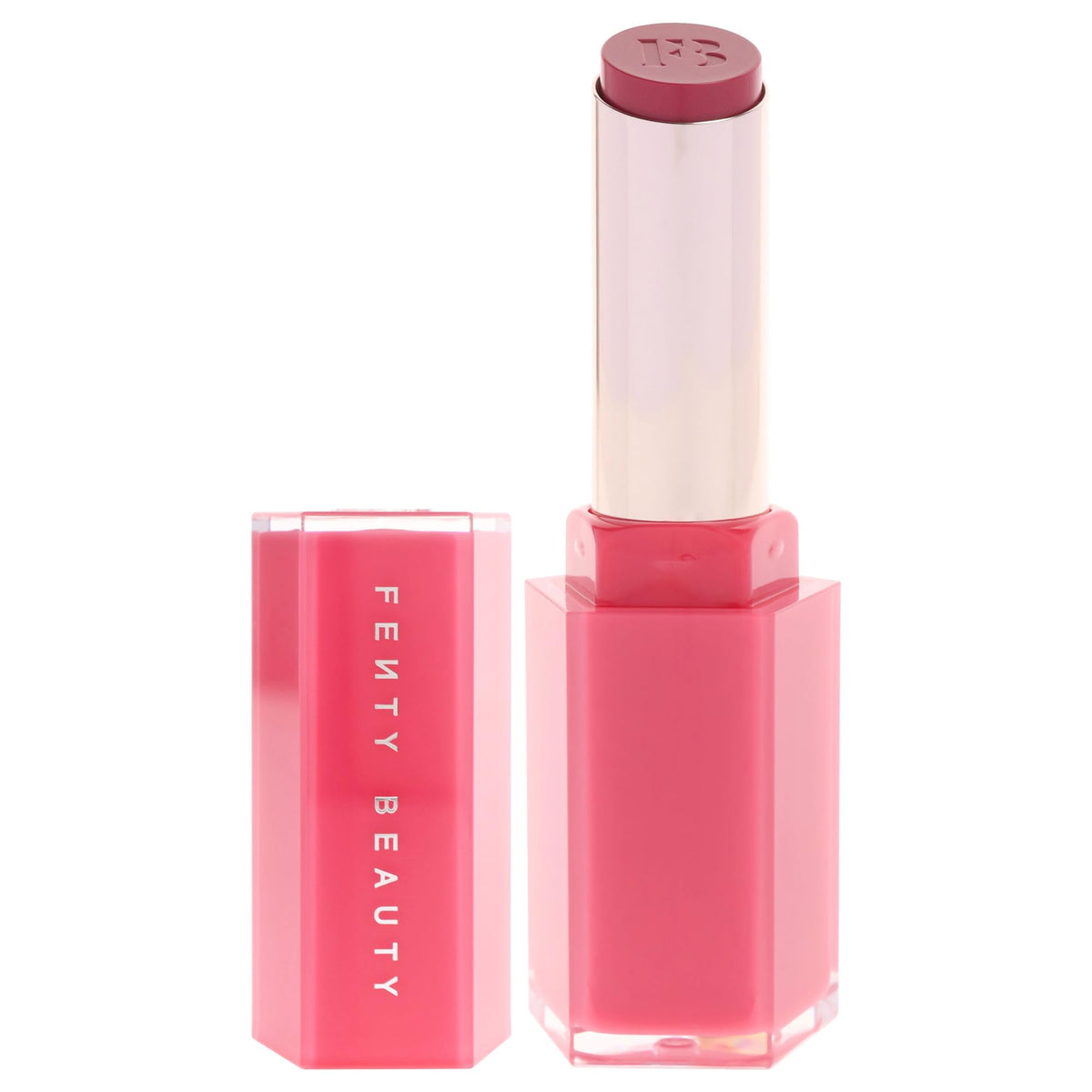 Fenty Beauty Gloss Bomb Stix High Biscus swatch shows vibrant gloss color for instant lip impact