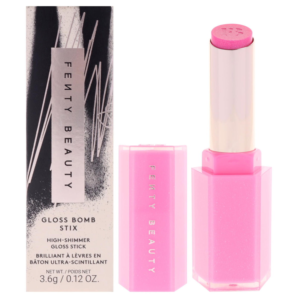 Fenty Beauty Gloss Bomb Stix Shimmer Flamingo Fling adds juicy, glossy shine.