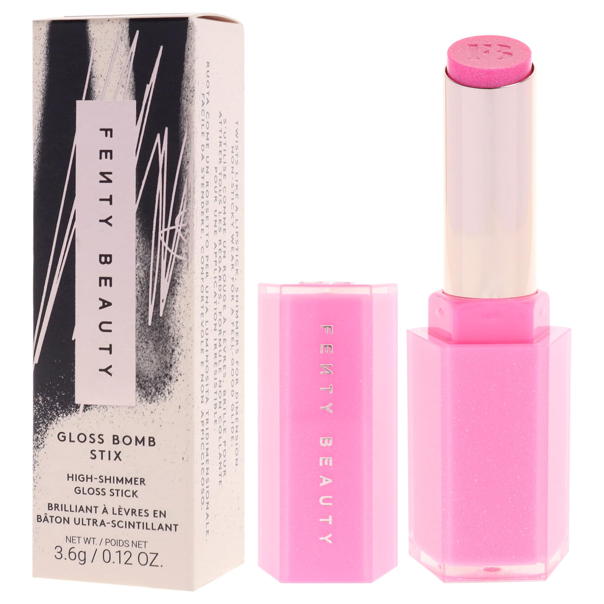 Lip swatch shows rich color payoff and shimmering finish.