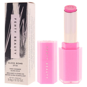 Lip swatch shows rich color payoff and shimmering finish.