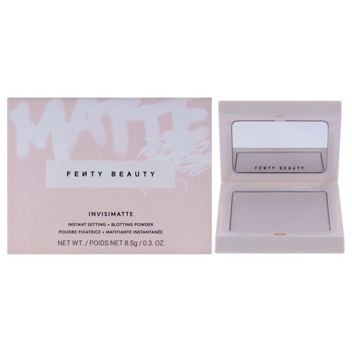 FENTY BEAUTY Invisimatte powder compact open displaying universal shade for all skin tones.