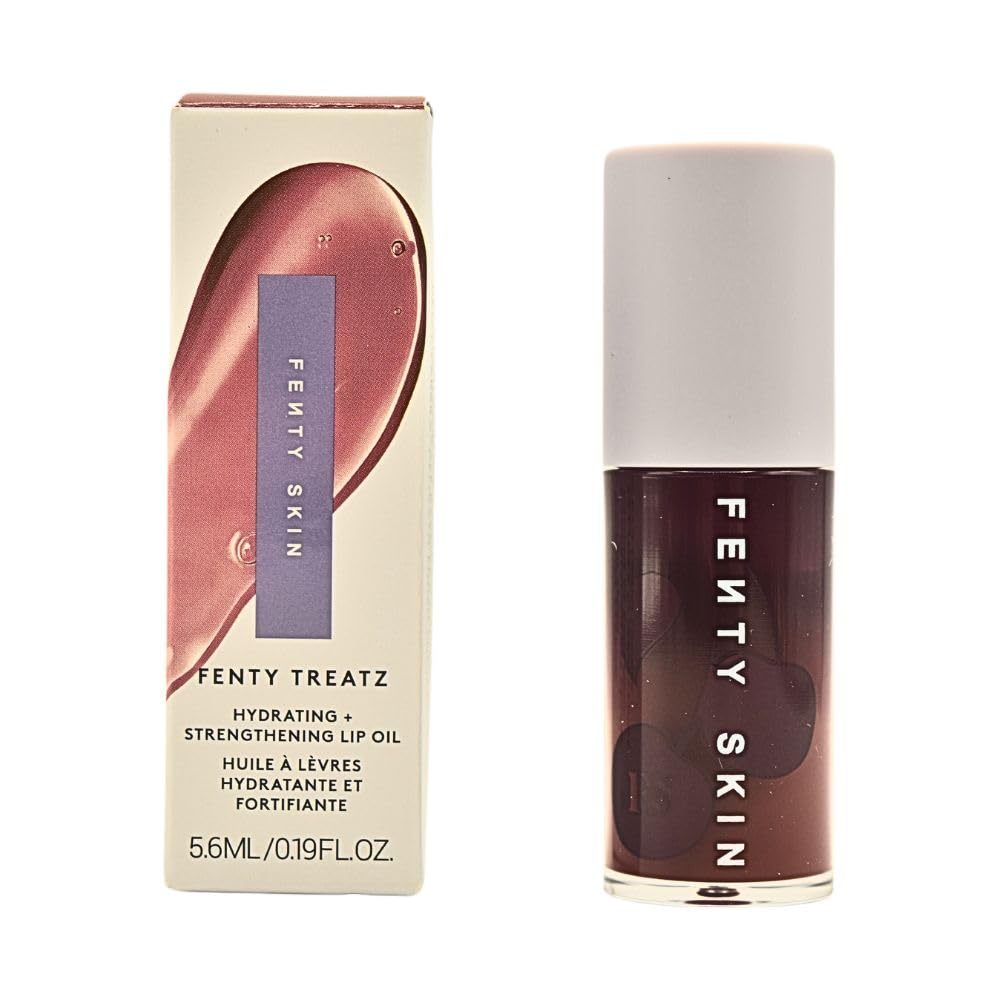 Fenty Beauty Treatz lip oil bottle close-up shows ultra-hydration and cherry fragrance.