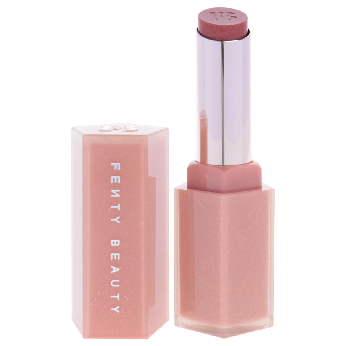 Close-up of Fenty Gloss Bomb Stix Shimmer on lips with even sparkle.