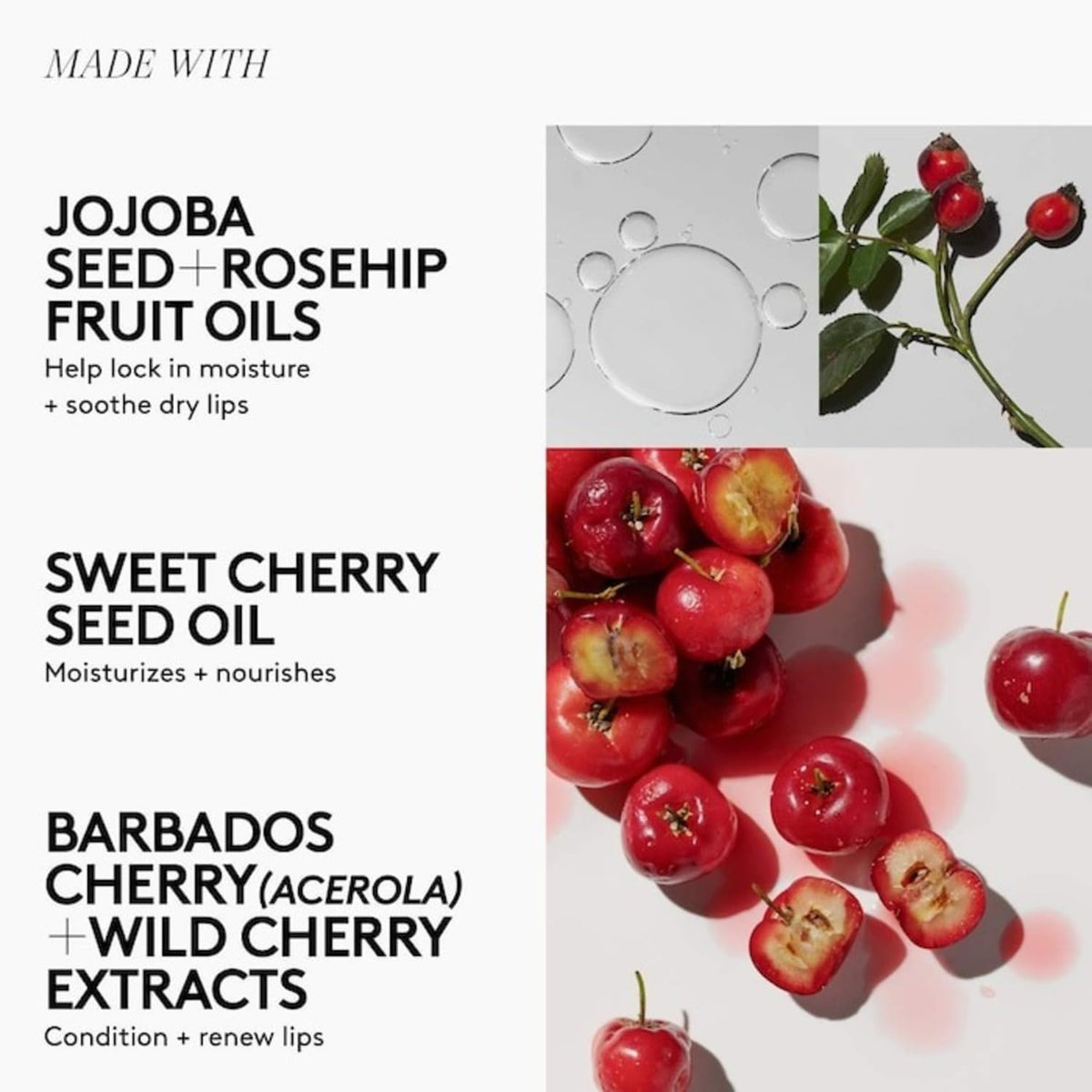 Wild Cherry extract in Fenty Treatz Lip Oil nourishes lips.