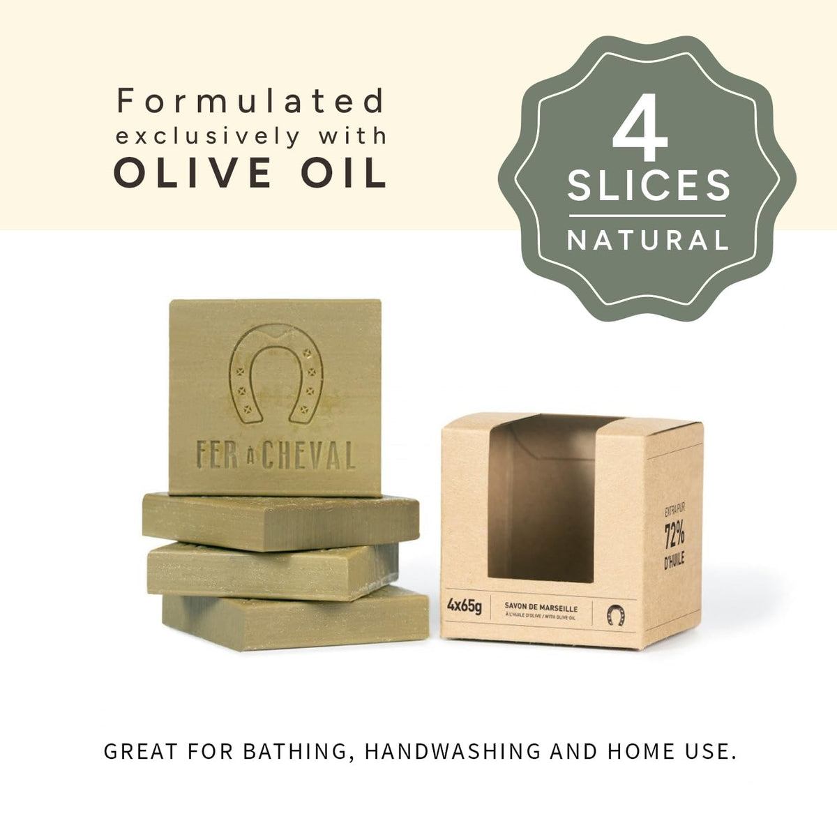 Fer à Cheval sliced Marseille soap close-up highlighting natural olive oil base.