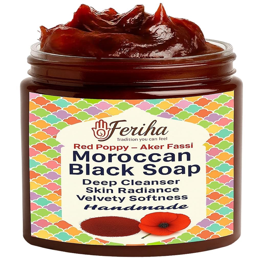 FERIHA Moroccan Black Soap jar with red poppy petals for a hammam ritual