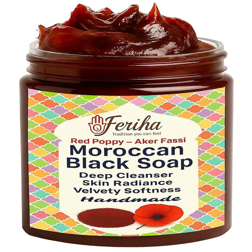 FERIHA Moroccan Black Soap jar with red poppy petals for a hammam ritual