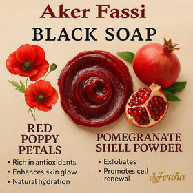 FERIHA Moroccan Black Soap jar showing packaging and texture