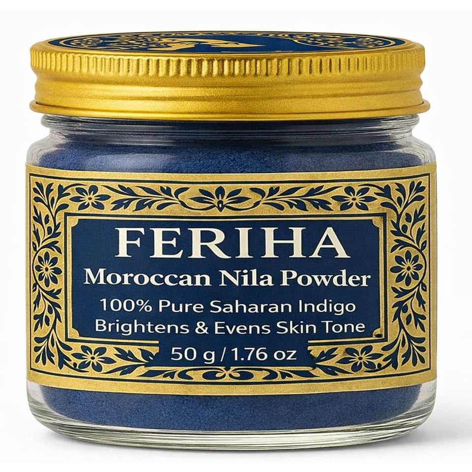 FERIHA Nila Powder jar displays authentic indigo for natural brightening and even tone.
