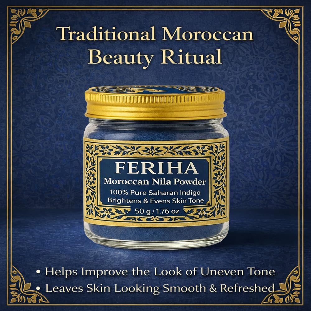 FERIHA Nila powder texture close-up shows fine Sahara indigo for gentle use.