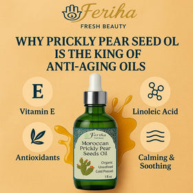 FERIHA prickly pear seed oil packaging emphasizes Moroccan sourcing and purity.