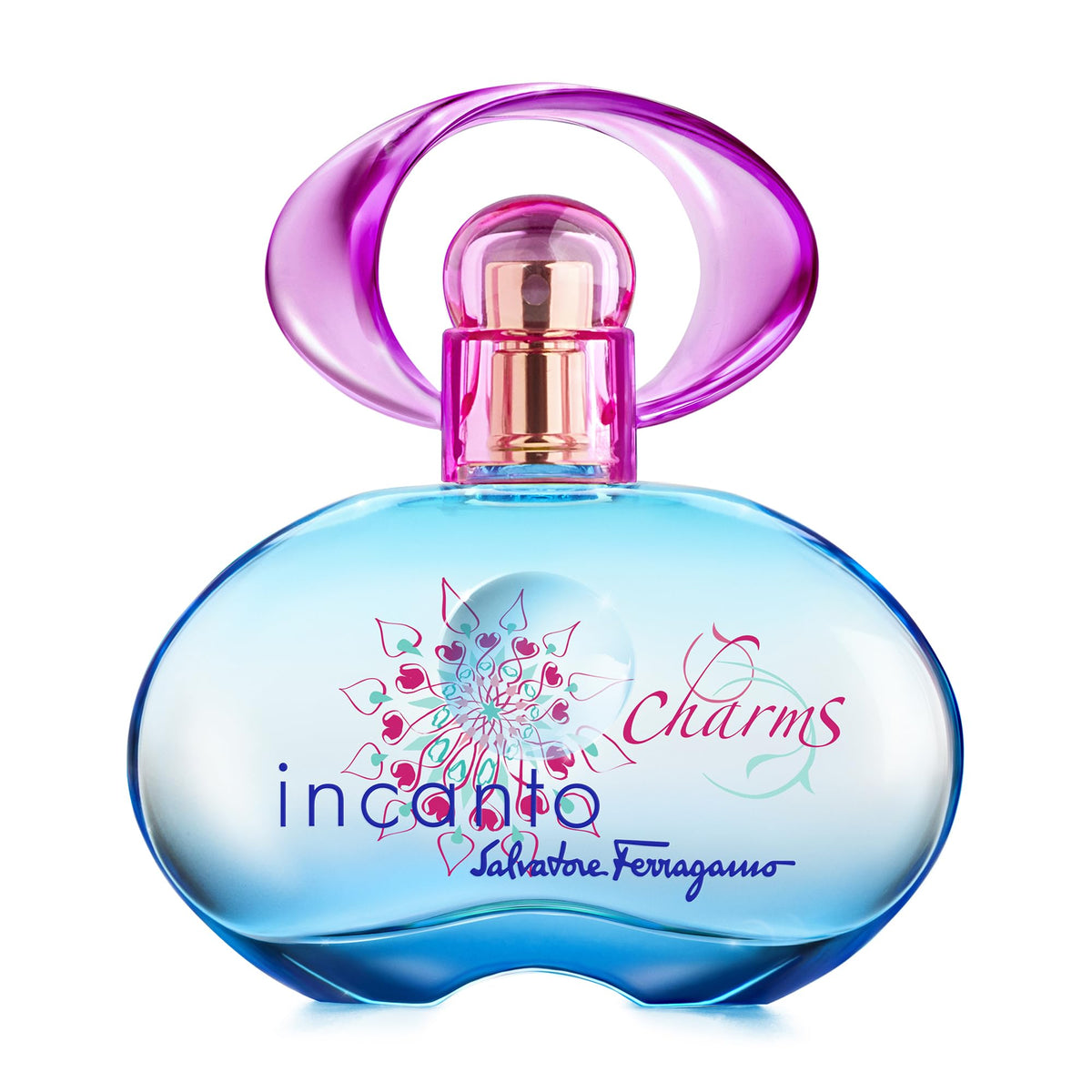 Ferragamo Incanto Charms bottle on turquoise background, ideal for daytime wear and cheerful moments