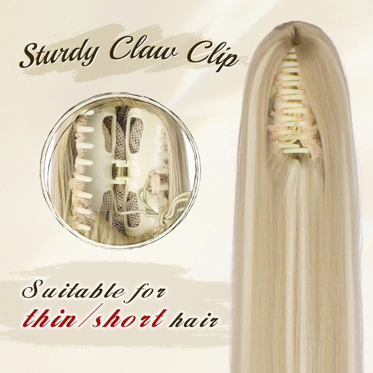Long straight FESHFEN ponytail in dirty blonde adds instant length.