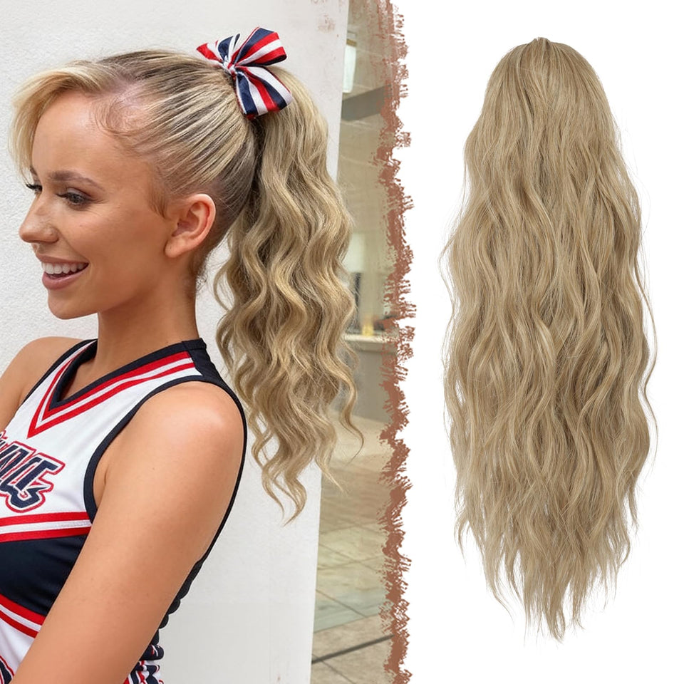 FESHFEN ponytail extensions drawstring close-up showing secure fit and natural volume.