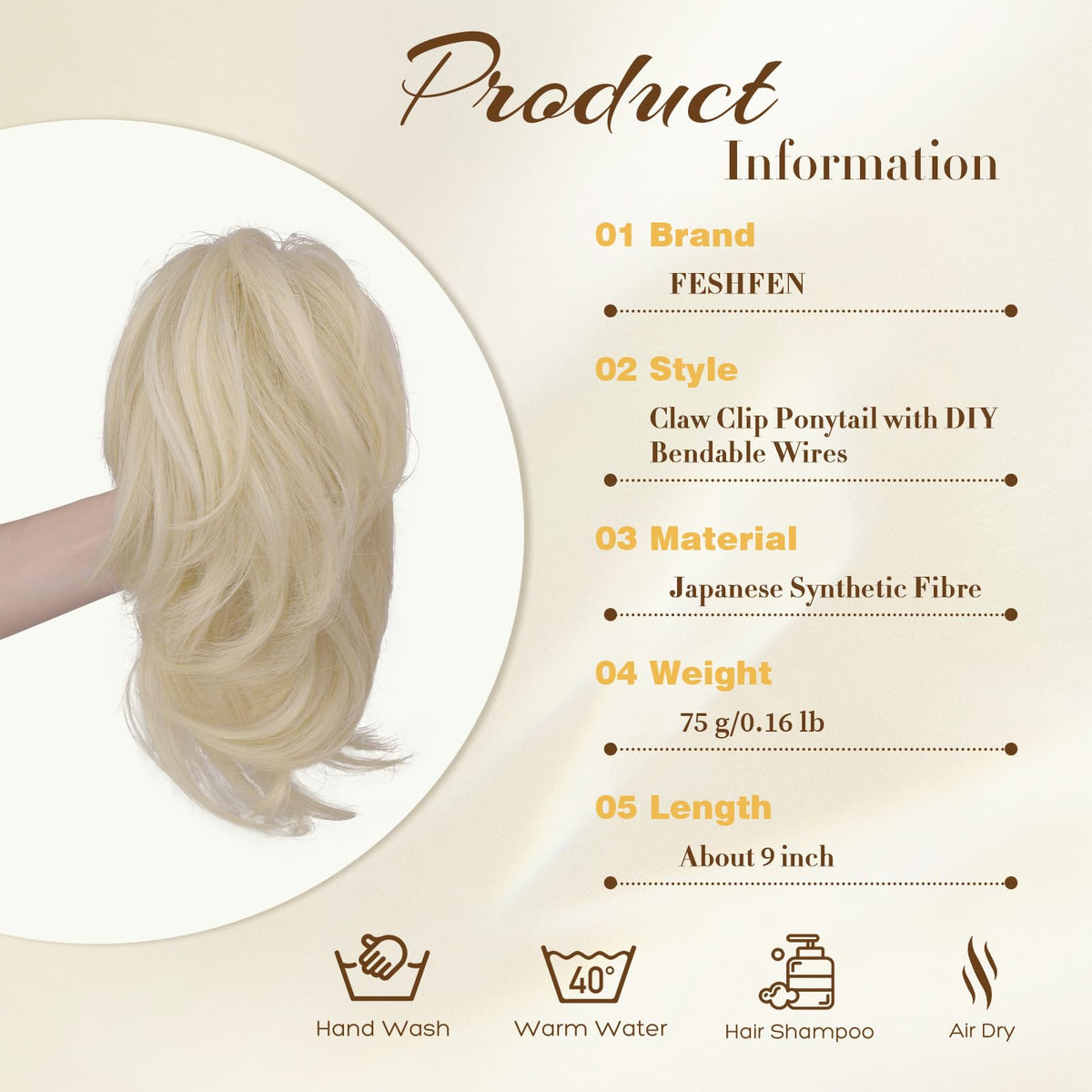 FESHFEN bendable wire ponytail extension demonstrates adjustable volume for easy shaping.