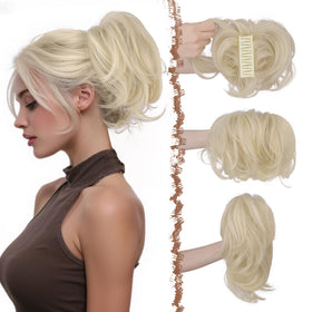 FESHFEN claw clip short ponytail extension in platinum blonde for quick everyday styling.