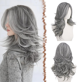 FESHFEN grey wavy layered wig with curtain bangs for daily wear