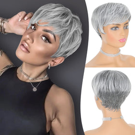 FESHFEN pixie-cut wig with ombre gray and bangs for daily wear.