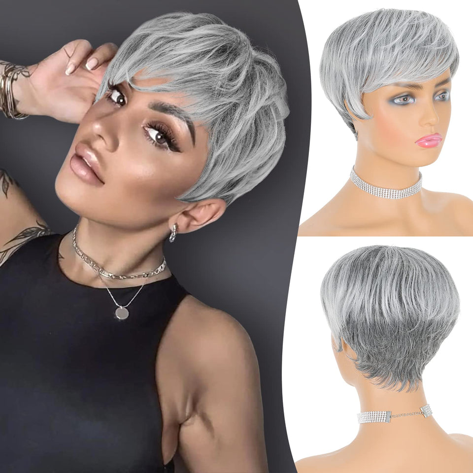 FESHFEN pixie-cut wig with ombre gray and bangs for daily wear.
