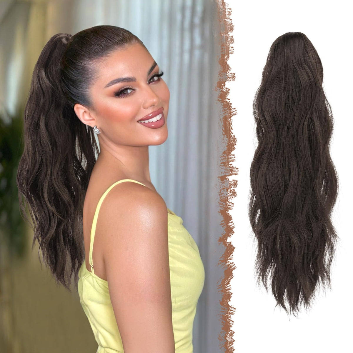 FESHFEN ponytail extension in dark brown with clip-in for instant length