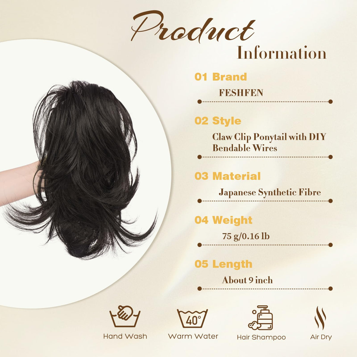 FESHFEN ponytail extension secured by 7-tooth clip in action