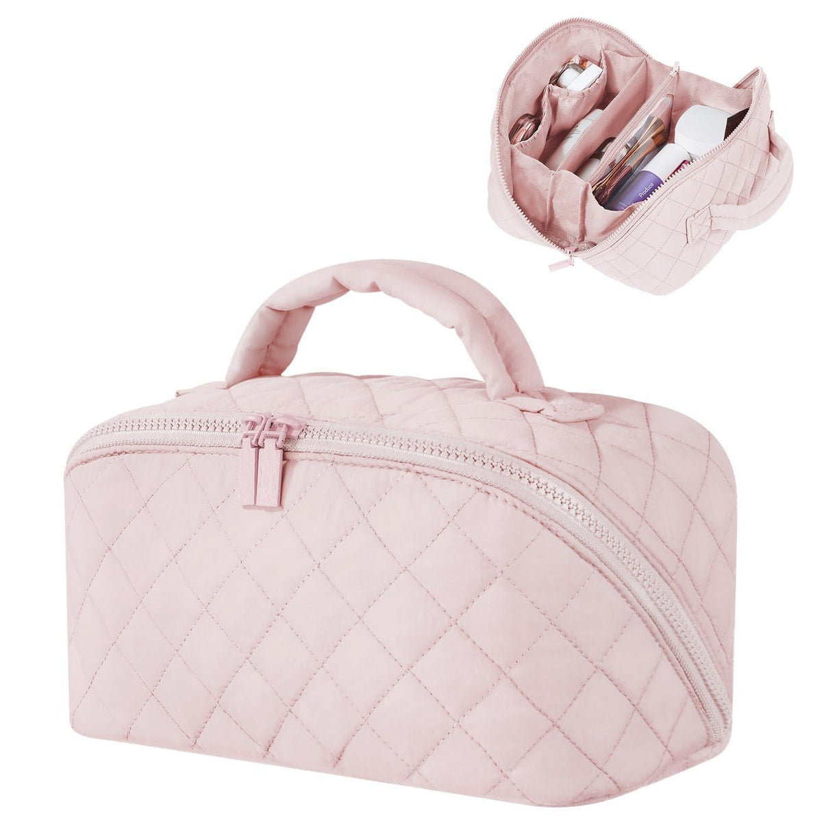 Festivalment makeup bag pink front view highlighting organized storage