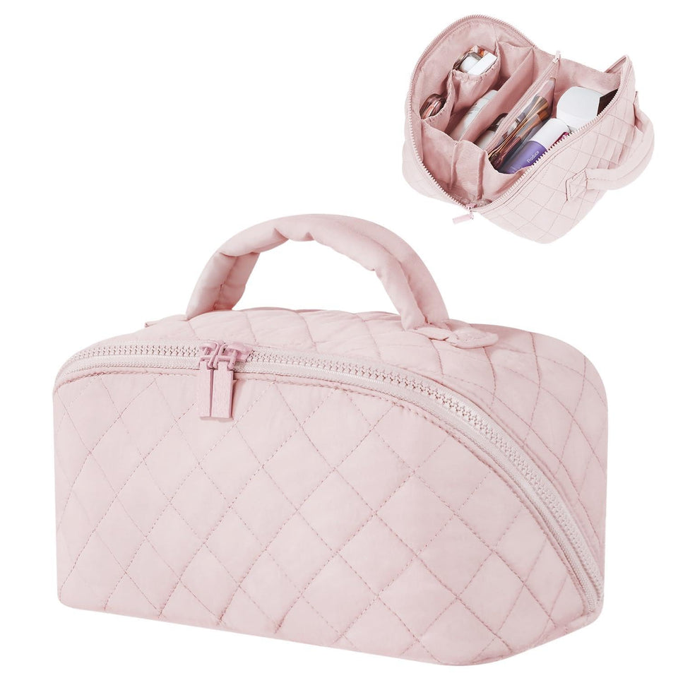 Festivalment makeup bag pink front view highlighting organized storage