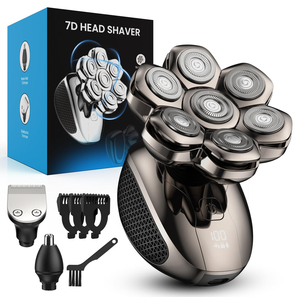 Feysfew head shaver with 7D floating heads for a smoother scalp shave.