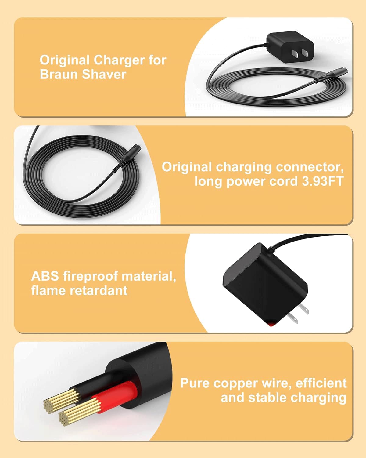 FGIEU Braun shaver charger compatibility grid shows broad model support and quick replacement