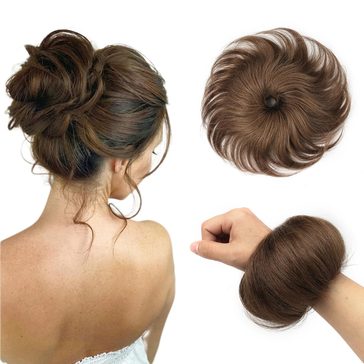 FGZJMAE chocolate brown messy bun in real human hair for natural blending