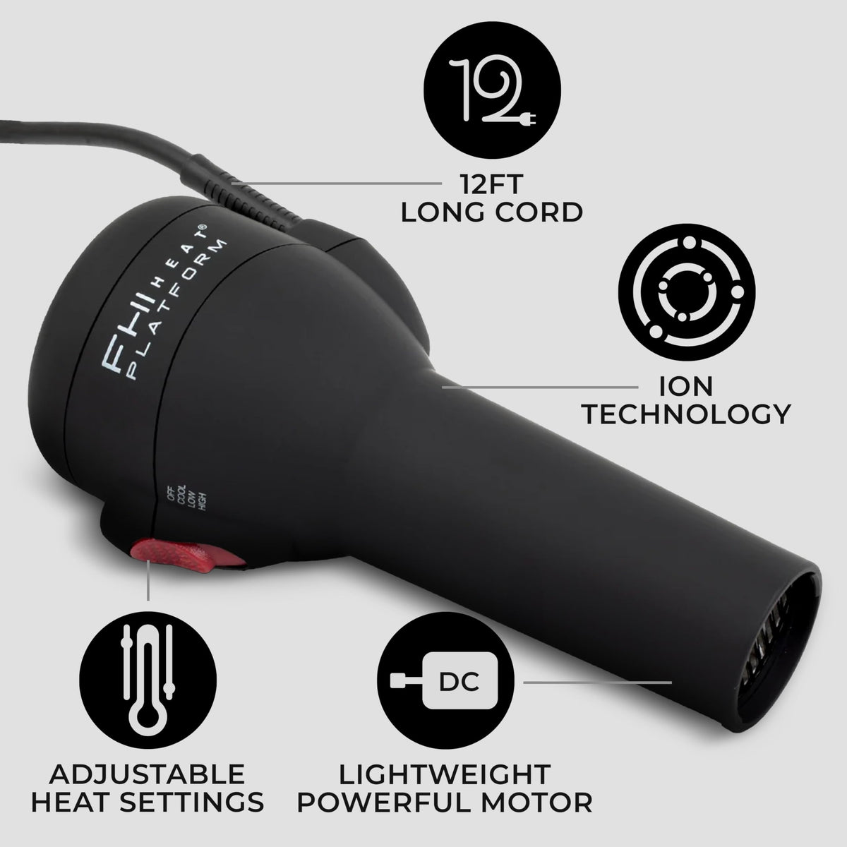 Blow Out handleless dryer nozzle focusing airflow for smooth results