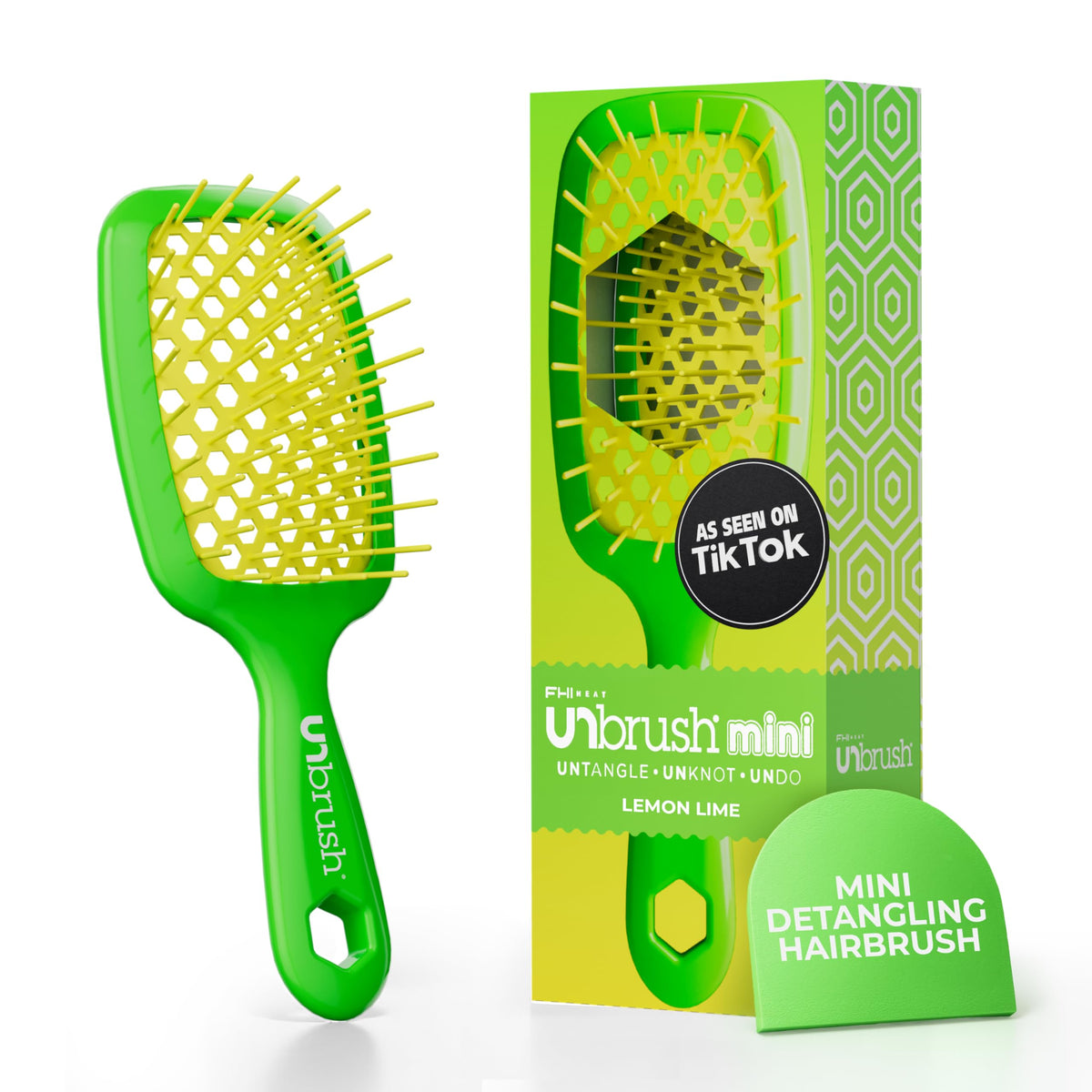 FHI Heat UNbrush Mini Neon Lemon Lime, compact travel detangling brush.