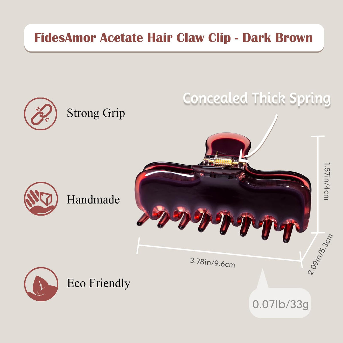 FidesAmor large 3.8in acetate rectangle clip in red offers strong grip for hair of all types.