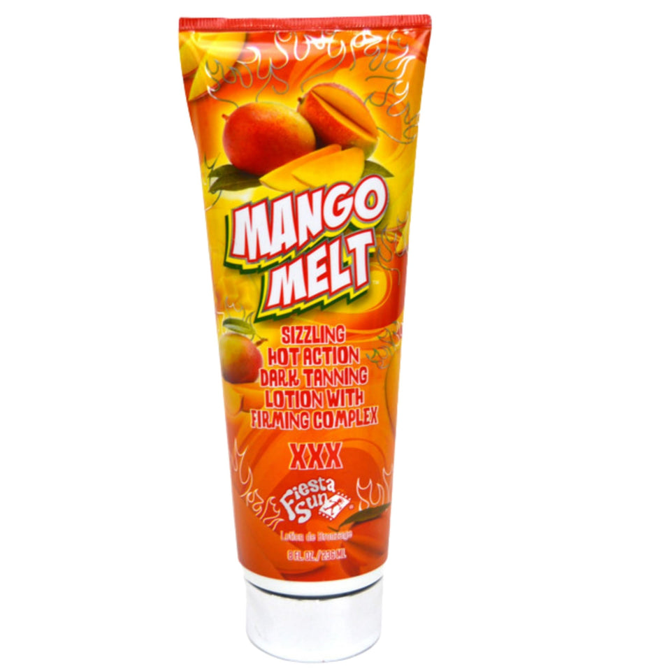 Fiesta Sun Mango Melt bottle front view highlighting quick-absorbing tanning formula