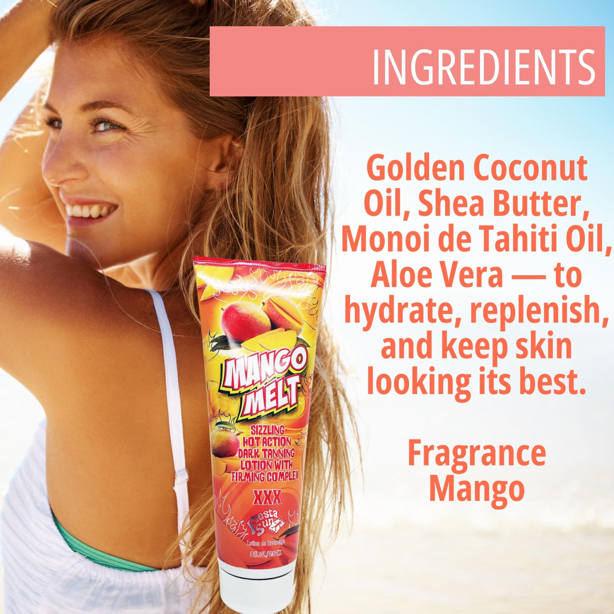 Fiesta Sun Mango Melt ingredients oil blend closeup highlights hydrating botanicals