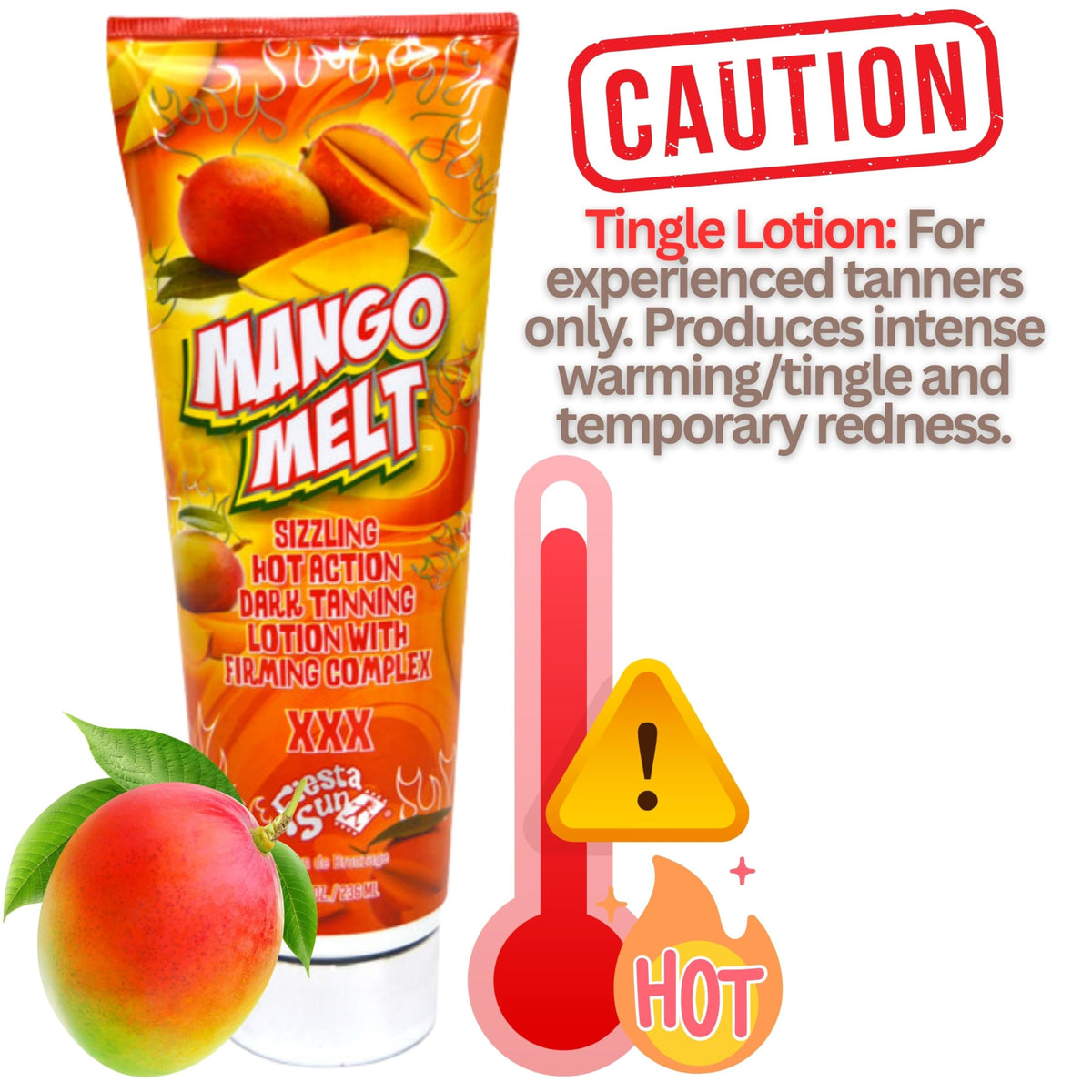 Fiesta Sun Mango Melt tingling effect closeup suggests warm action for experienced tanners