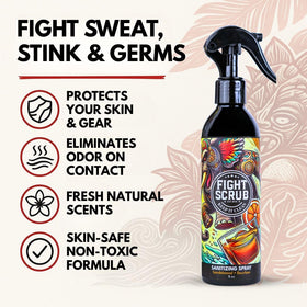 Fight Scrub spray on gym bag deodorizes gear between rounds