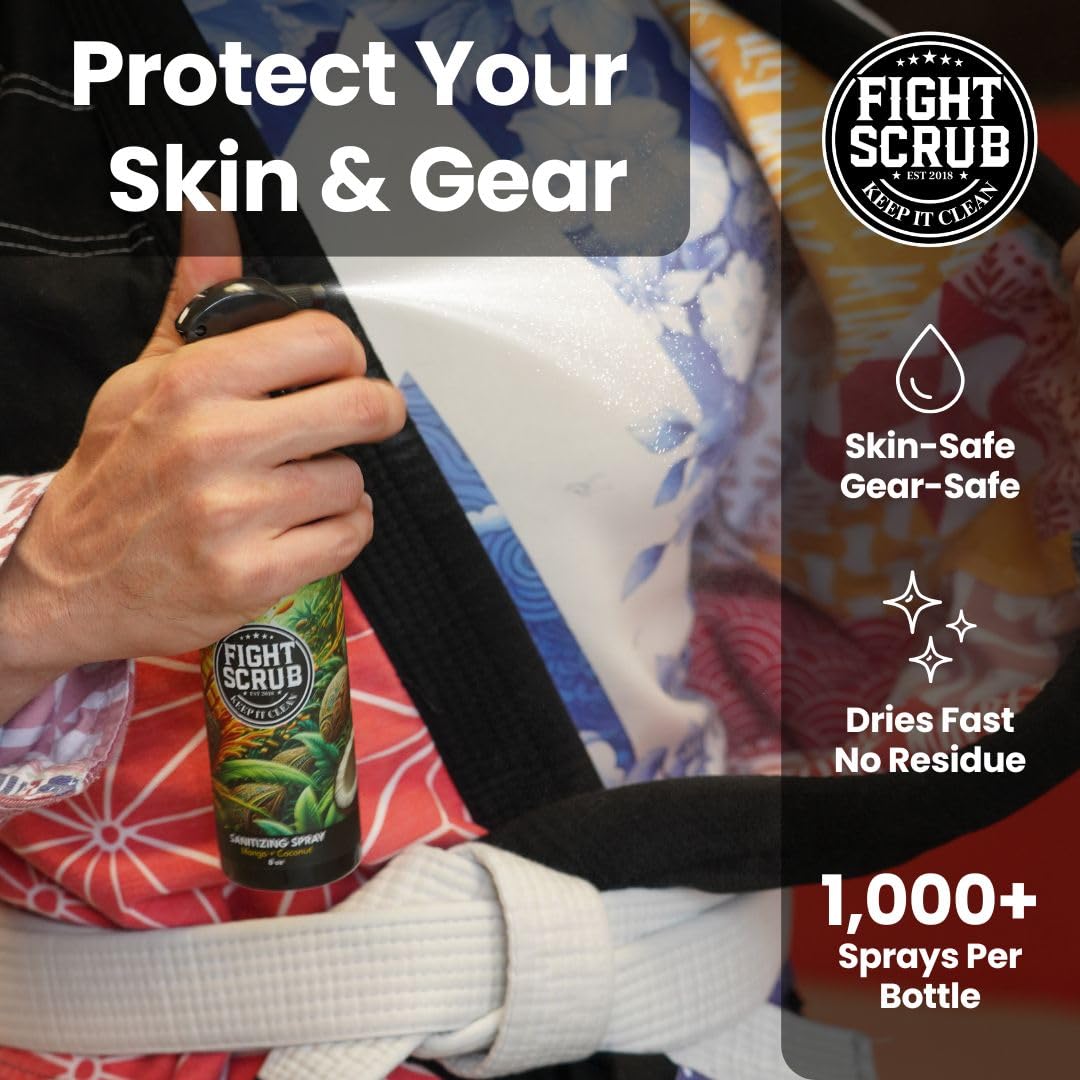 Fight Scrub MMA gear in use after a session with freshening spray.