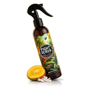 Fight Scrub post-training spray bottle showing mango coconut formula for odor control.