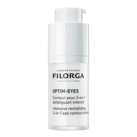 Close-up of Filorga Optim-Eyes applicator highlighting polyphenol and hyaluronic acid benefits.