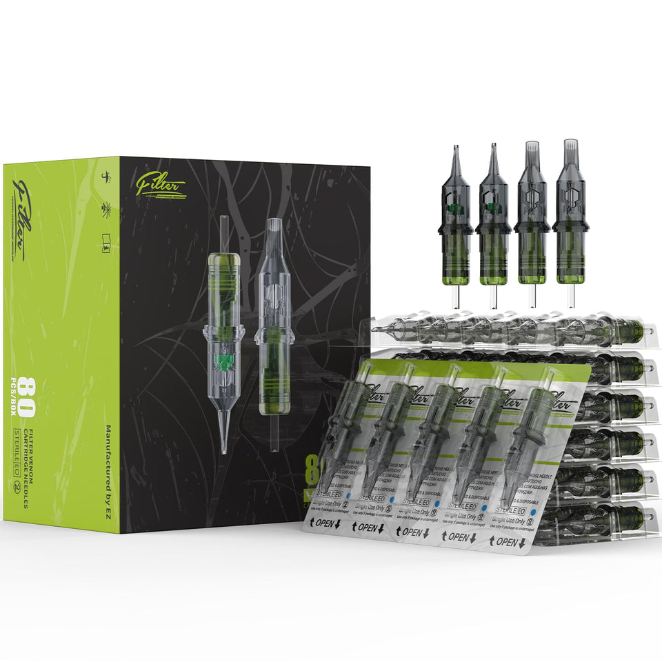 Filter Venom tattoo cartridge needles packaging shows sterile, ready-to-use efficiency for daily work.
