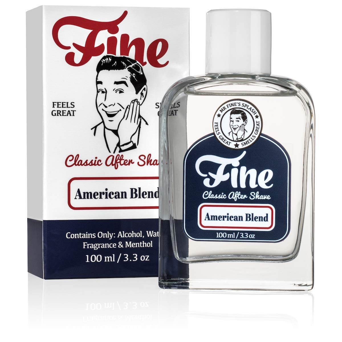 Mr. Fine aftershave bottle, front view, post-shave refresh.