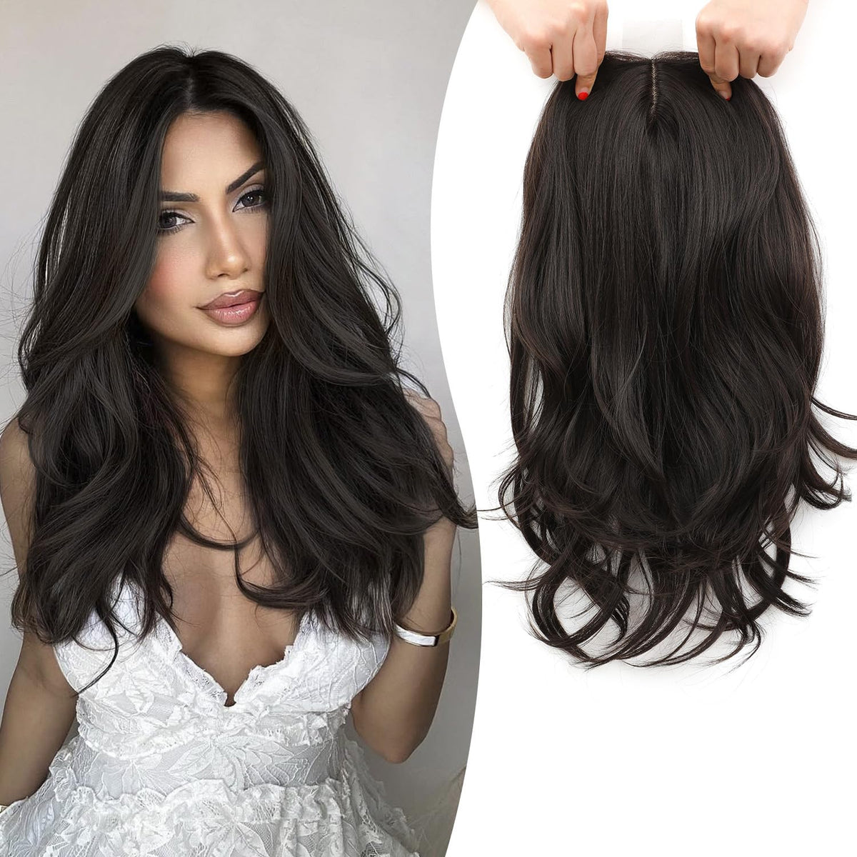 Fine Plus 18'' hair topper in dark brown loose wave adds natural volume and movement